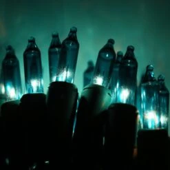 100-bulb Teal Mini Lights, 6" Spacing, Green Wire -Christmas Light Store teal glass mini lights green wire c